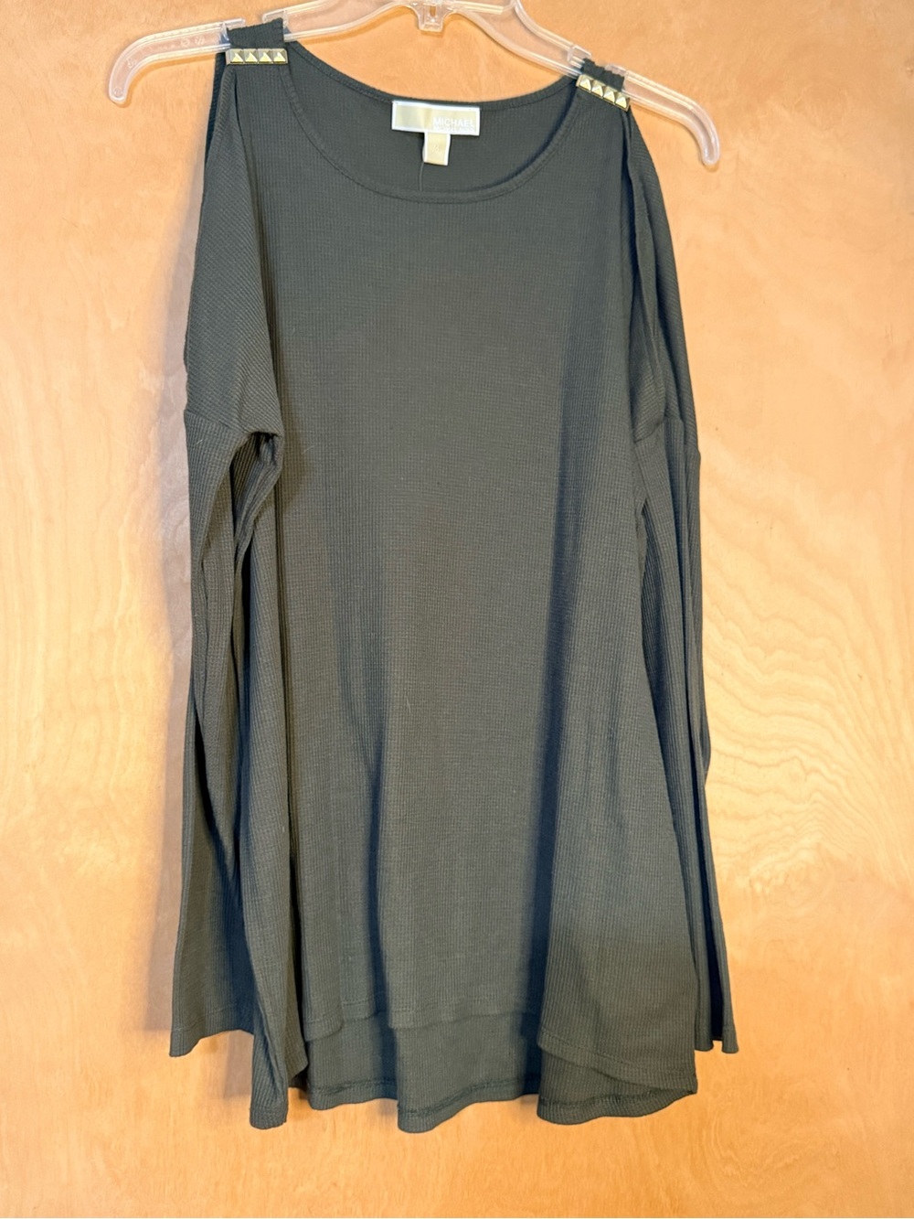 Michael Kors Olive Cold-Shoulder Long Sleeve Sweater with Stud Accents